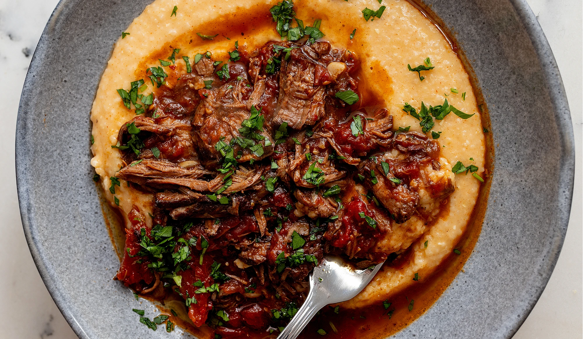 Shredded Beef with Cheesy Grits