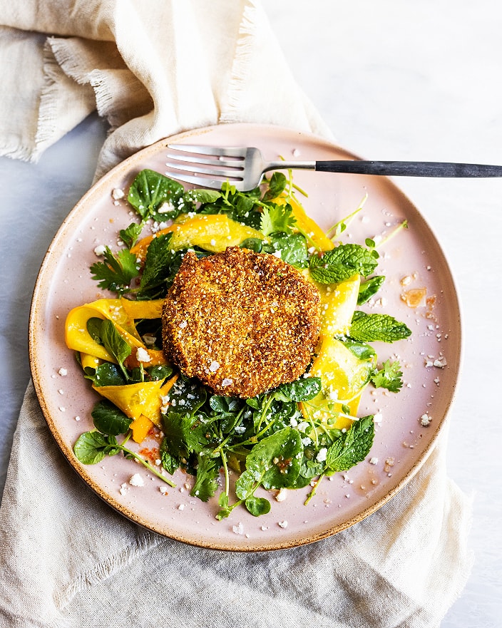 fried green tomato salad with buttermilk dressing Fried Green Tomatoes with Buttermilk Feta Dressing
