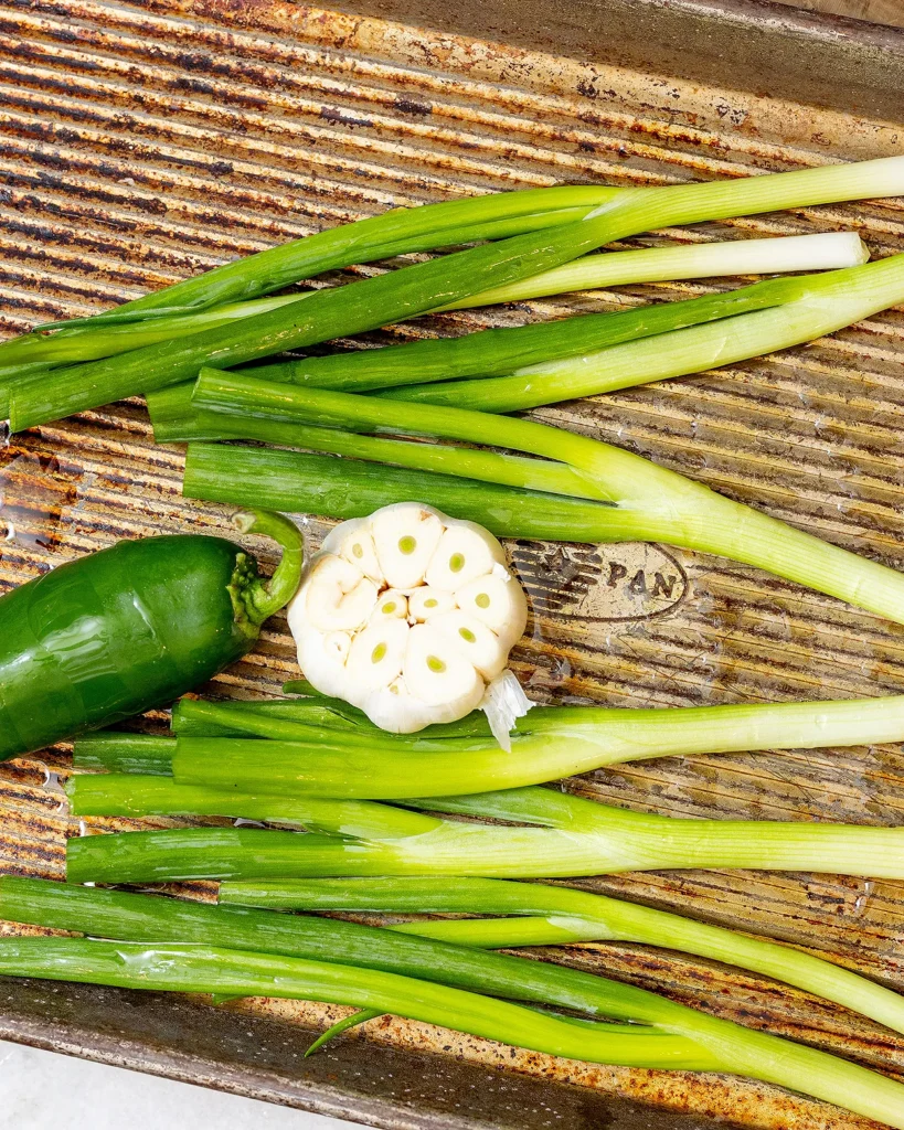 Roast scallions garlic and jalapeno