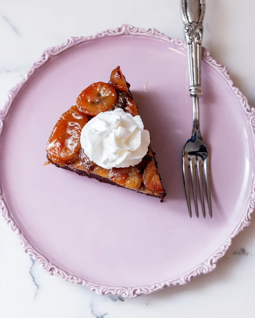 Chocolate banana upside down cake with whipped cream