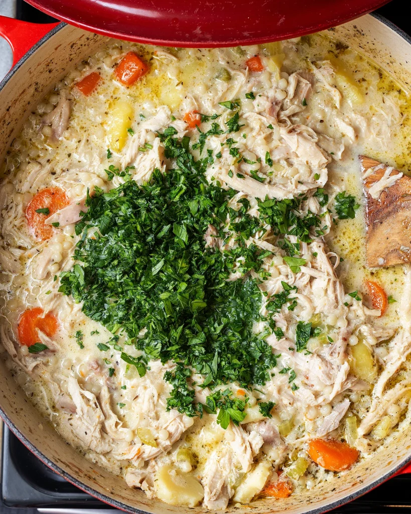 Add parsley and lemon juice to chicken stew