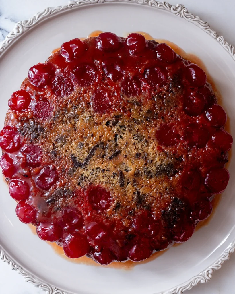 Cherry upside down cake with chocolate