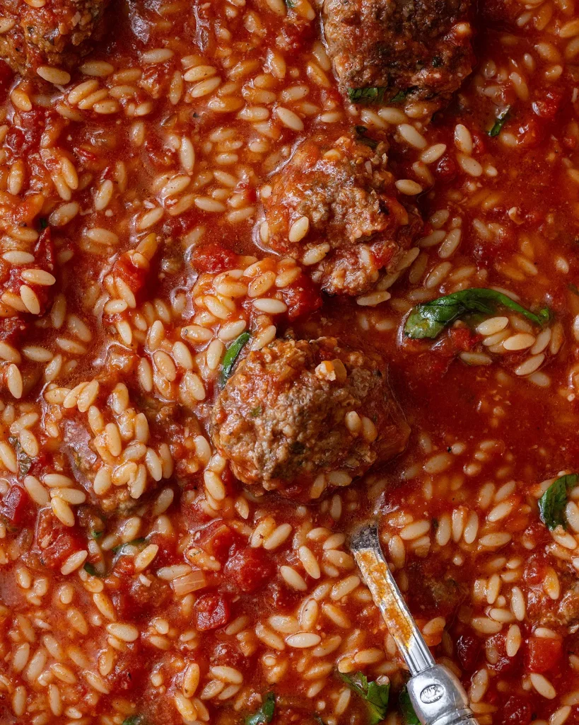 Cooked beef meatballs with orzo