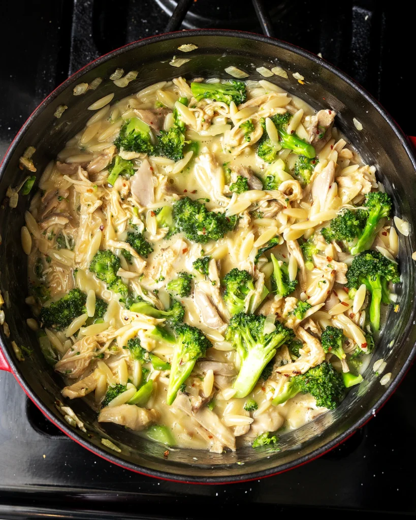 Cheesy broccoli chicken and orzo