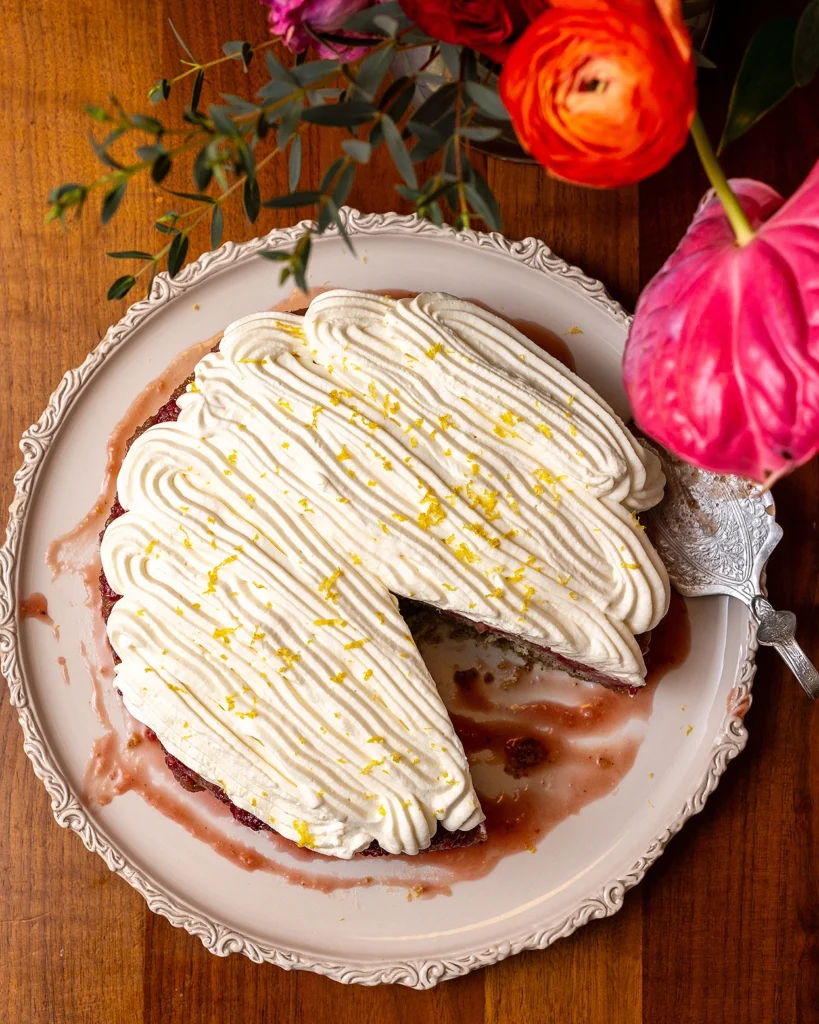 Raspberry London Fog Upside-down cake with frosting
