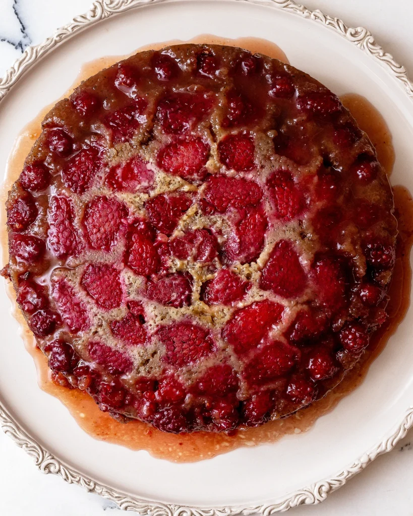 Raspberry upside down cake with earl grey tea
