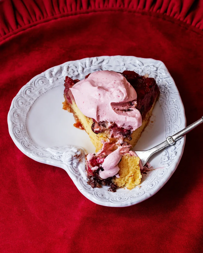 Raspberry upside down cake with raspberry frosting