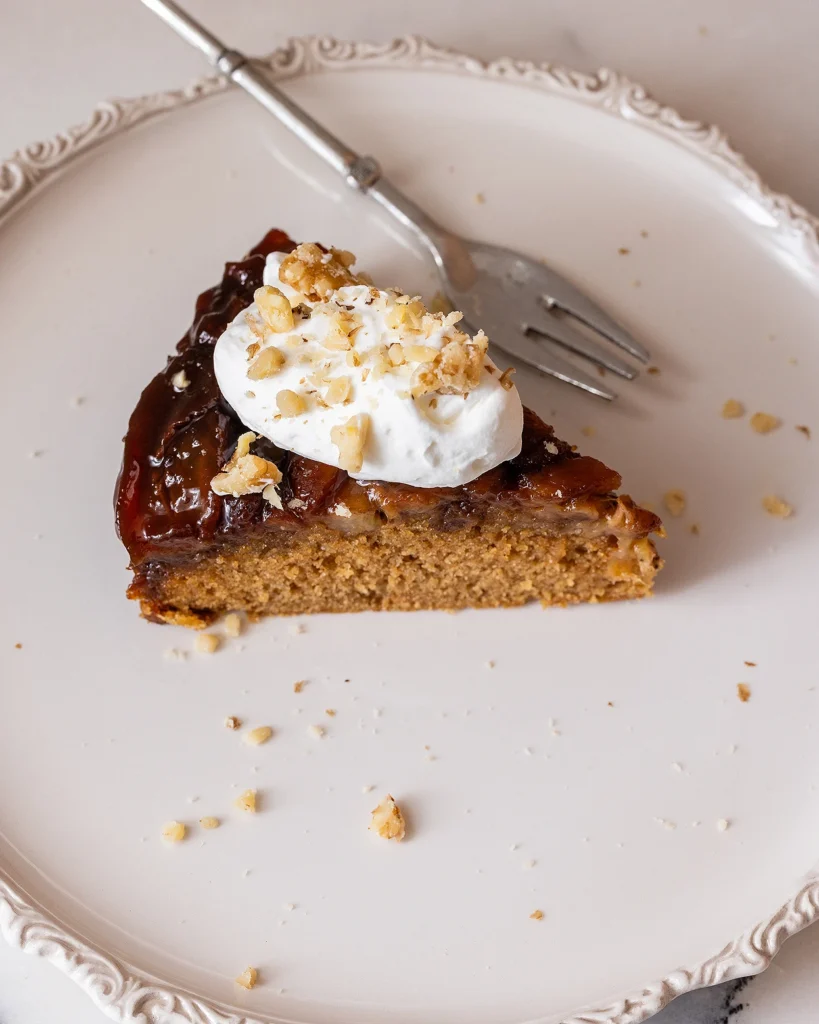 Serve banana upside down cake with whipped cream