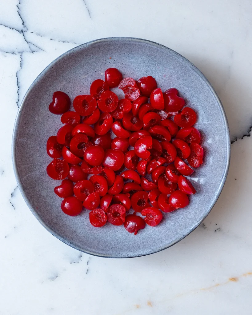 Halved maraschino cherries