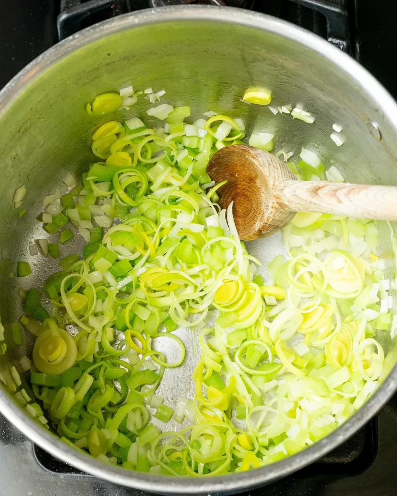 Saute leeks onion and celery