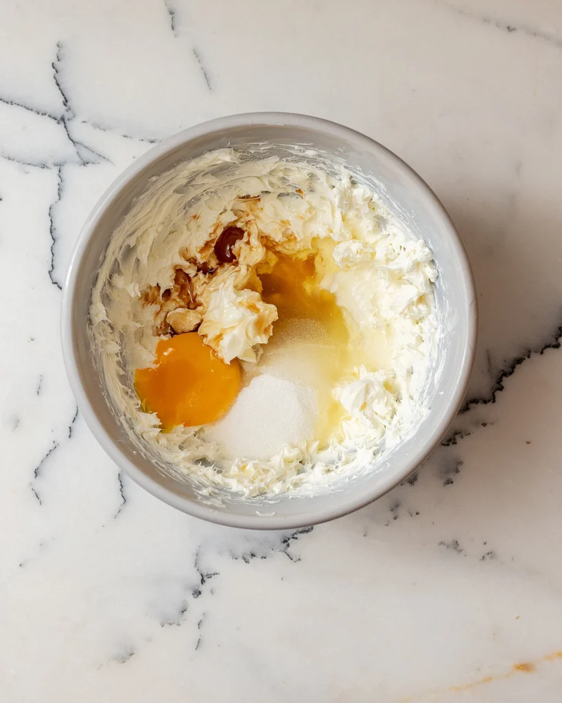 Add egg and sugar to cream cheese