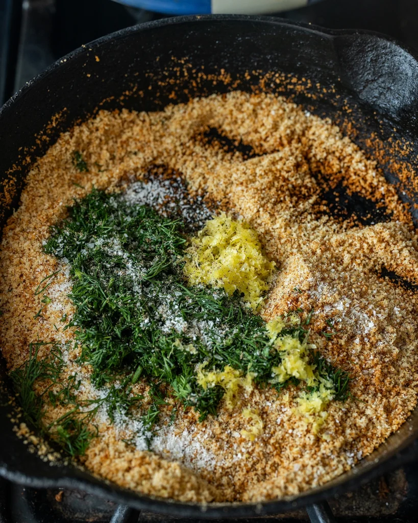 Add lemon zest and dill to breadcrumbs