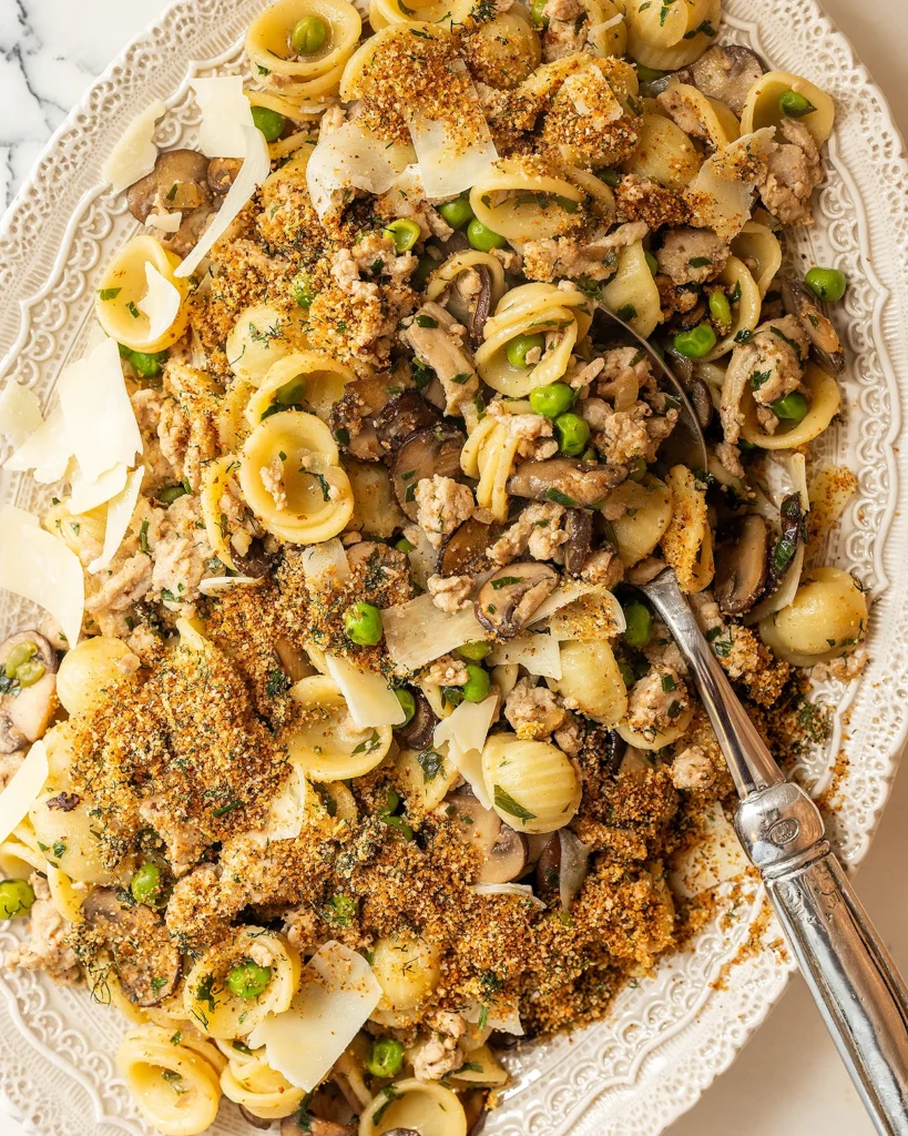 Chicken mushroom orecchiette with lemon dill breadcrumbs