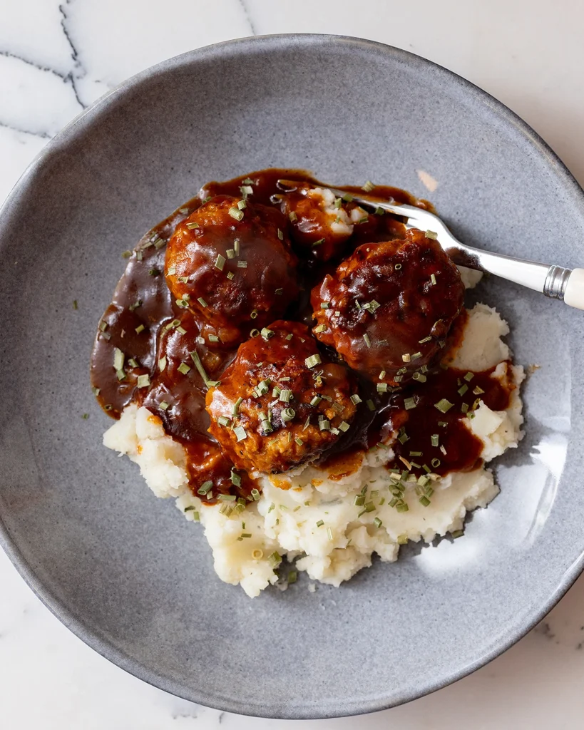 BBQ chicken meatballs with mashed potatoes