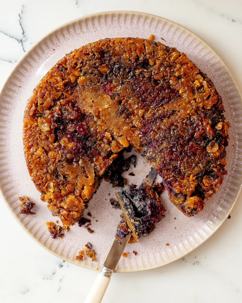 Blueberry upside down cake with cornflake caramel