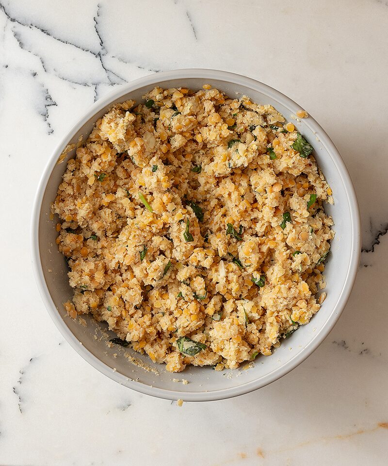 Make the red lentil meatball mixture