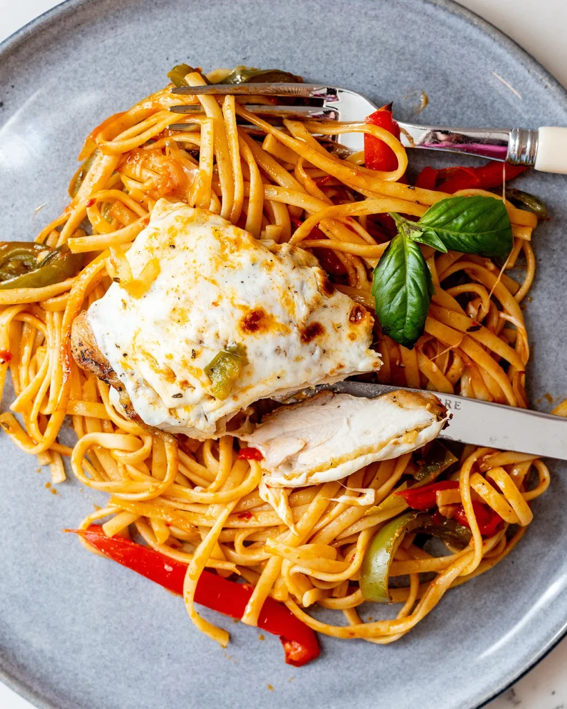 Baked chicken thighs with linguine