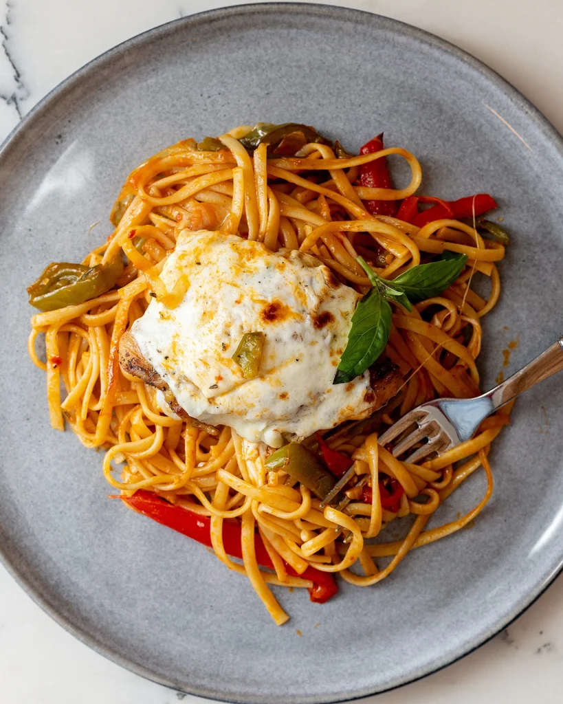 Chicken and Pepper Linguine with Mozzarella and Basil
